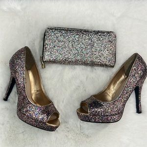 EUC Multicolor glitter bedazzled heels pumps and matching wallet set